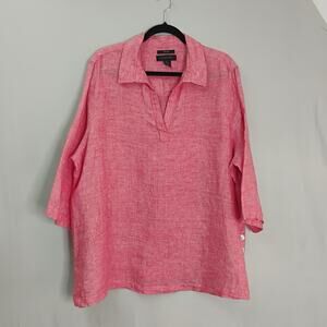 Tahari Linen Popover‎ Top Women's Plus Sz 2X Button Accent Heather Red Lagenlook